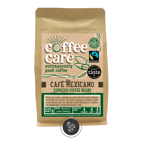 A 227g kraft packet of Coffee Care’s Cafe Mexicano Espresso Beans. Dark green label for espresso beans. Mexico and Latin America Coffee. Fairtrade certified 100% Arabica beans. Great Taste Winner 2021