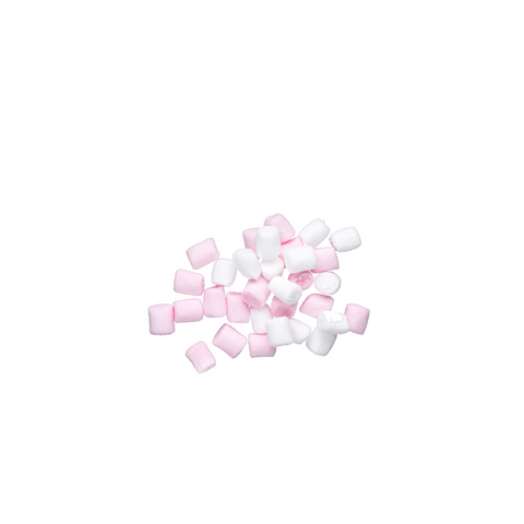 A kilo bag of Mini marshmallows in pink, white and orange.