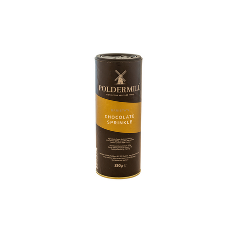 a black and gold tub of 250g poldermill chocolate sprinkles shaker