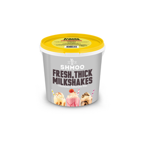 Grey tub with yellow lid of Shmoo fresh think milkshake powder. Banana Milkshake flavour