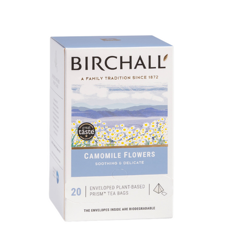 Light blue and white box of 20 enveloped plant based prism tea bag of Birchall Camomile Flowers. Soothing & Delicate. Natural Infusion