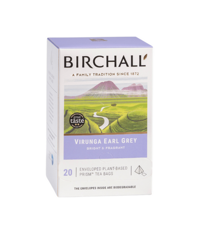 Front view of white and lilac cardboard box of 20 Birchall enveloped plant based prism Earl Grey tea bags. East Africa’s finest single estate scented tea for anytime.