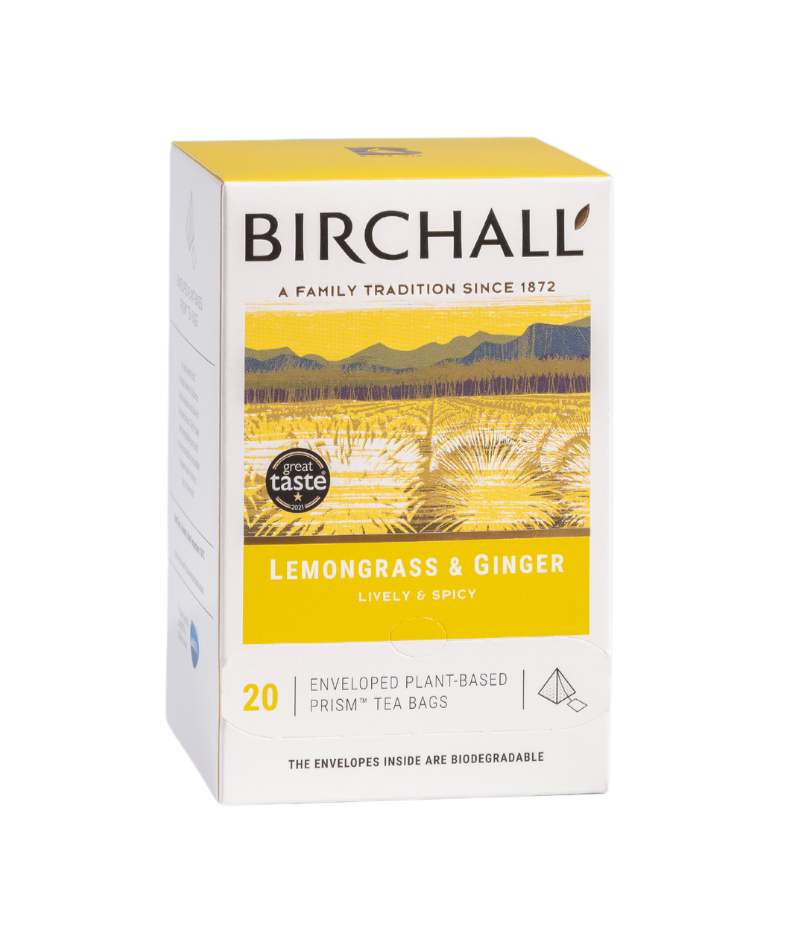 Front view of white and yellow cardboard box of 20 Birchall Lemongrass & Ginger enveloped plant based prism tea bags. Lively & spicy. Natural Infusion. Caffeine Free