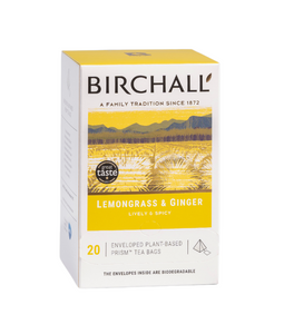 Front view of white and yellow cardboard box of 20 Birchall Lemongrass & Ginger enveloped plant based prism tea bags. Lively & spicy. Natural Infusion. Caffeine Free