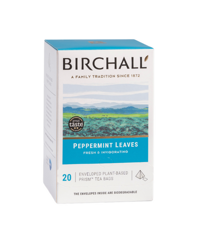 Front view of white and blue cardboard box of 20 Birchall Peppermint enveloped plant based prism tea bags. Fresh & invigorating. Natural Infusion. Caffeine Free