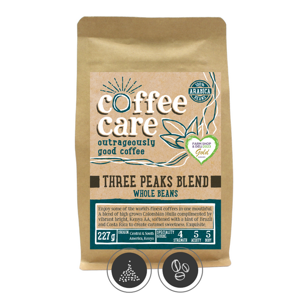 A 227g kraft packet of Coffee Care’s Three Peaks Coffee Beans. Blue label for whole beans. Freshly roasted Kenya, Central & South America Coffee. 100% Arabica. Delicuouslyorkshire Winner 2017