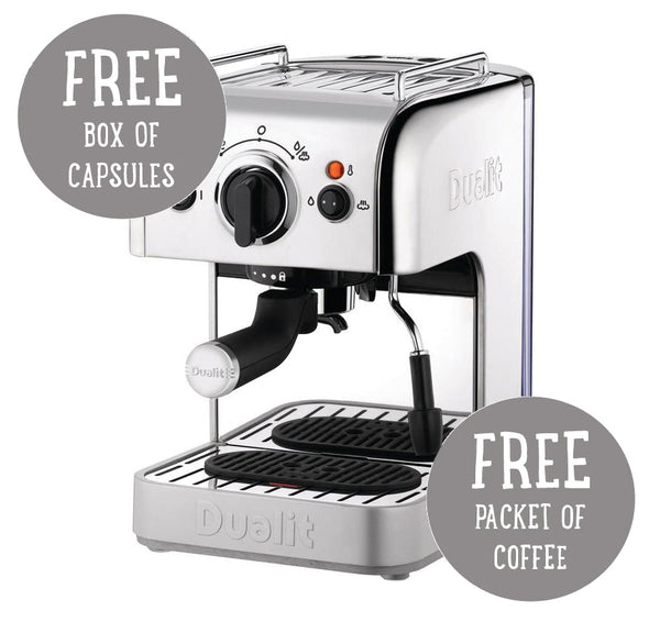 Dualit 3 in 1 Polished Multi Brew Coffee Machine Side View with free capsules and coffee