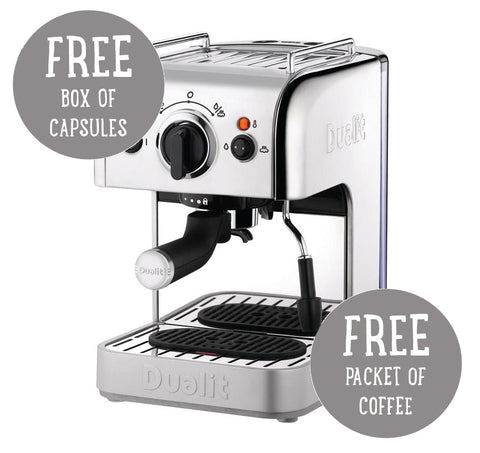 Dualit 3 in 1 Polished Multi Brew Coffee Machine Side View with free capsules and coffee