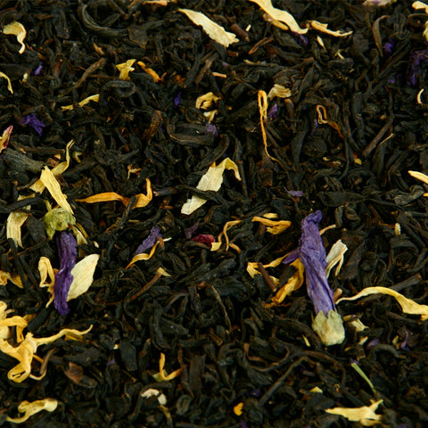 A close up image of Blue Lady loose leaf tea leaves.