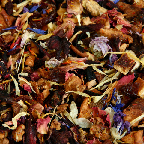 A close up image of Passionfruit and Orange loose leaf tisane.