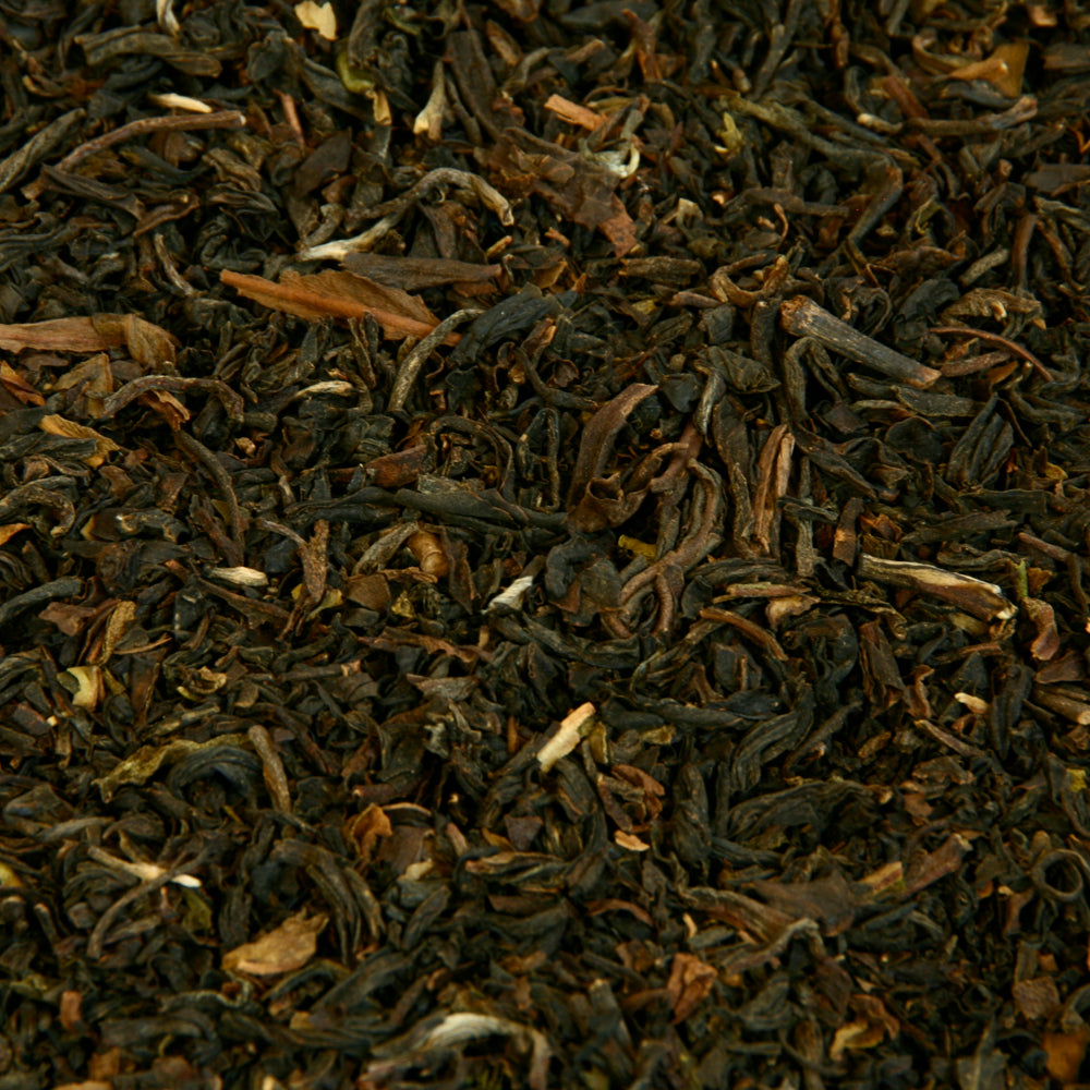 A close up image of Russian Caravan loose leaf tea leaves.