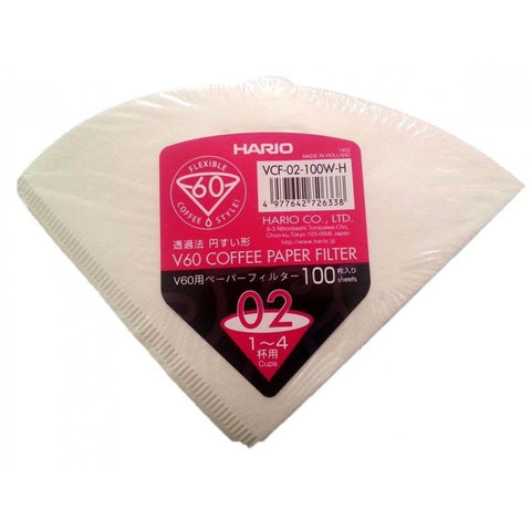 Clear packed of 100 white hario v60 02 coffee paper filters.