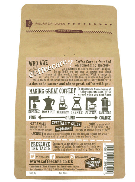 Back label of a 227g kraft packet of Coffee Care’s Lorenzo Blonde Coffee Beans with instructions how to make coffee