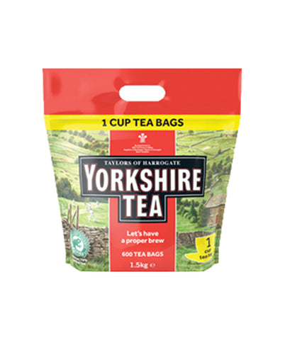 A large catering bag of 600 Yorkshire Tea teabags. Image of a valley on bag. Rainforest Alliance certified